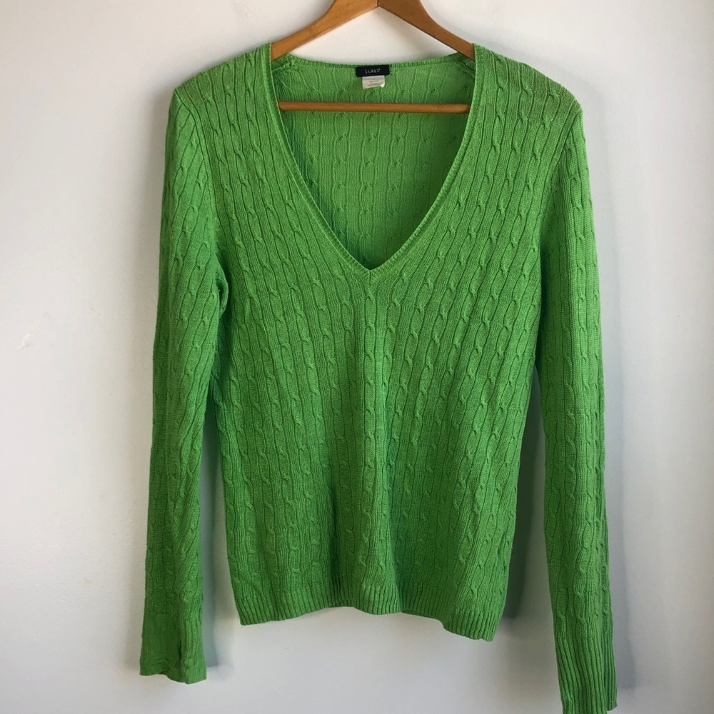 J. Crew Bright Green Linen Cable-Knit V-Neck Sweater